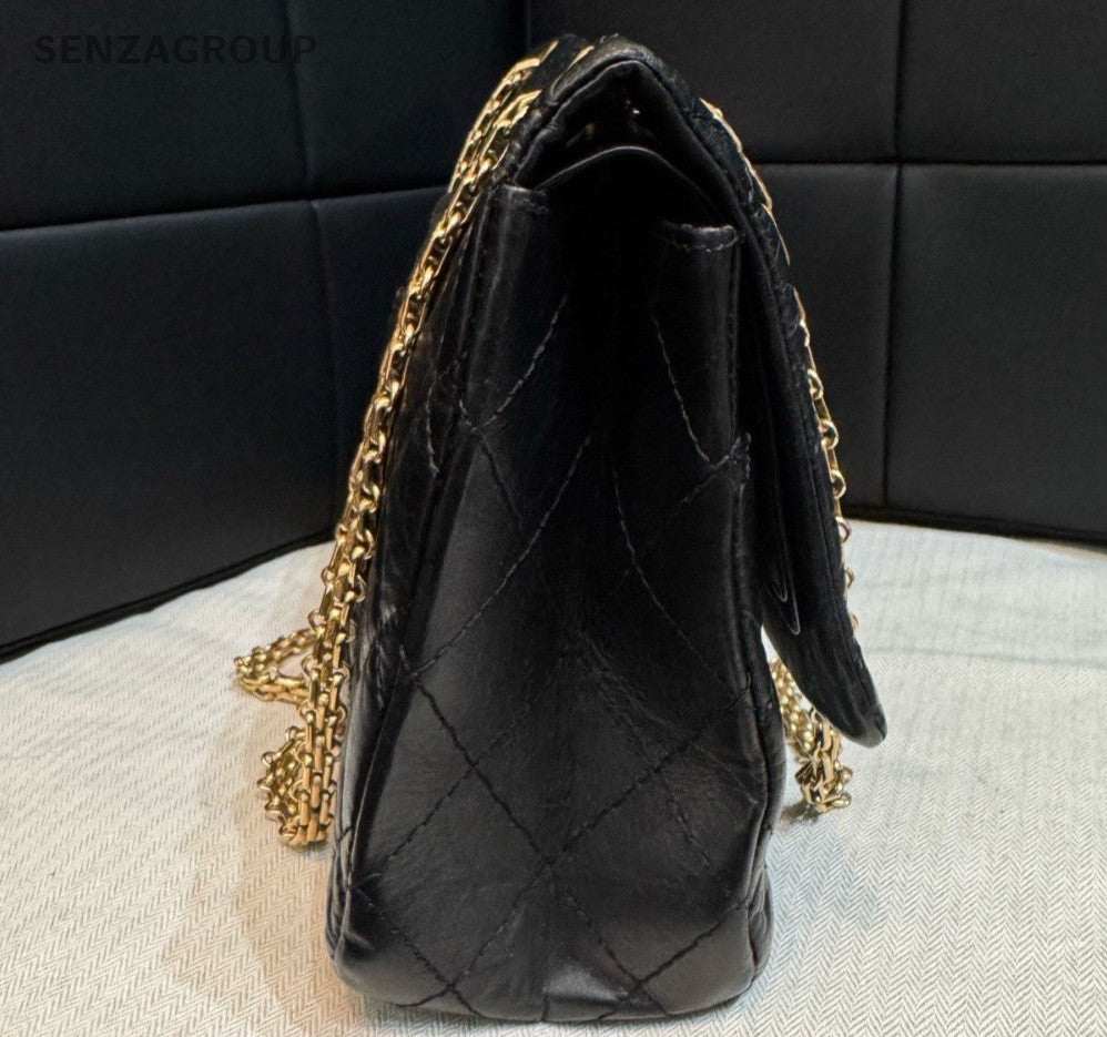 Chanel Diamond Chain Calfskin Black Gold Shoulder Bag Women Classic