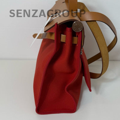 Hermes Herbag Red Silver Hardware Handbag Shoulder Bag Women Classic