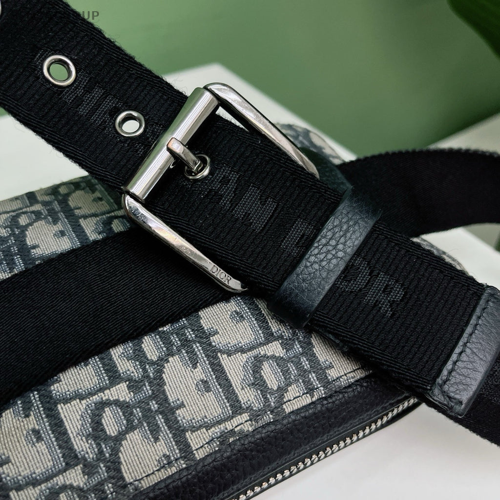 Christian Dior Oblique Waist Bag Crossbody Black Silver Unisex Adults Classic