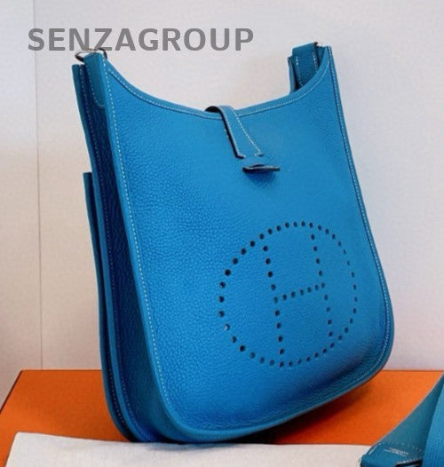 HERMES Evelyne Epsom Leather Shoulder Bag Crossbody Blue Silver Used Women