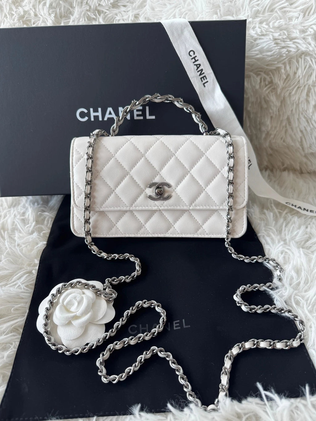 Chanel White Wrinkle Leather WOC Accordion Top Handle Bag For Women