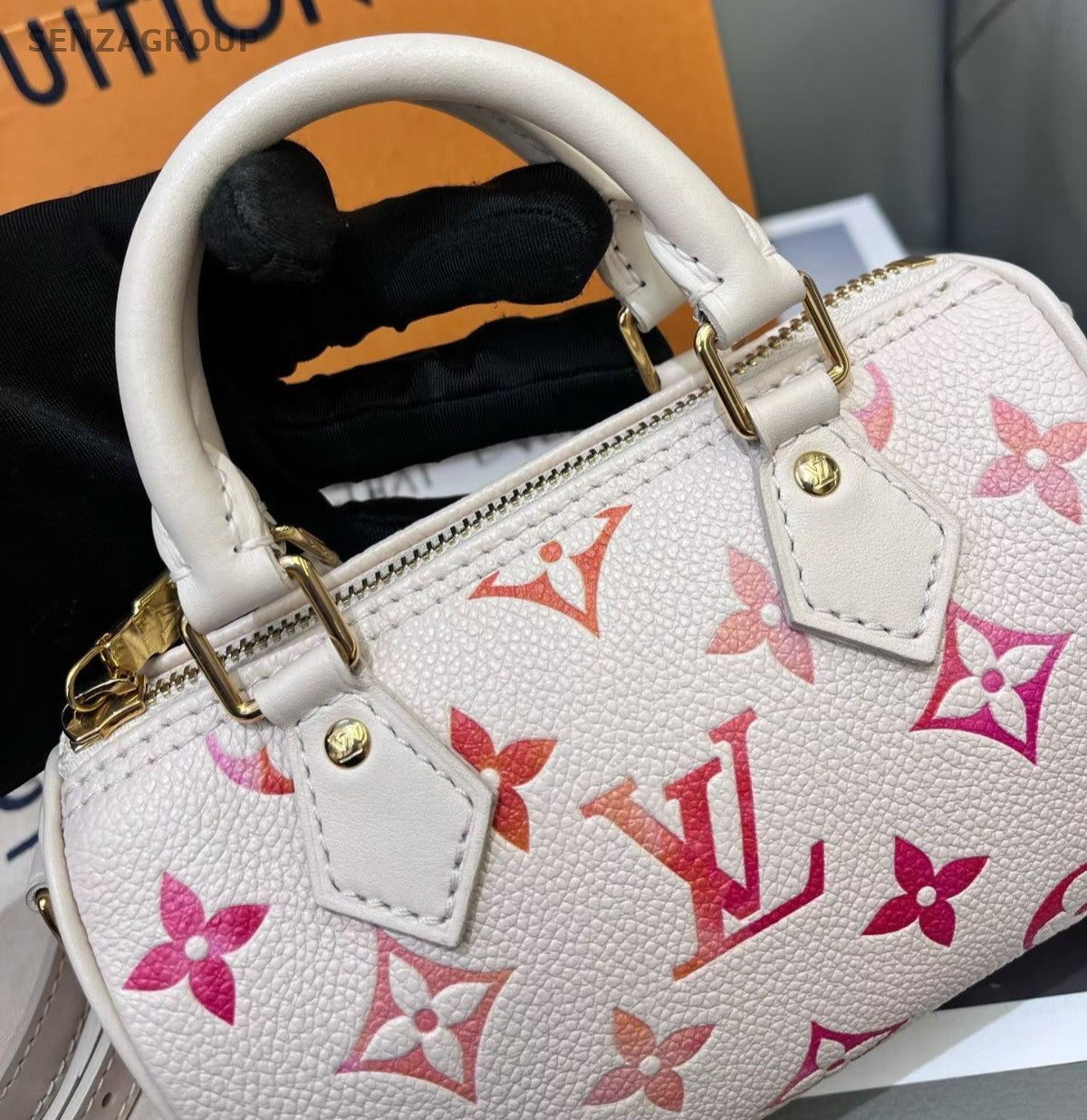Louis Vuitton Speedy Nano Monogram Top Handle Bag Crossbody White Gold Women