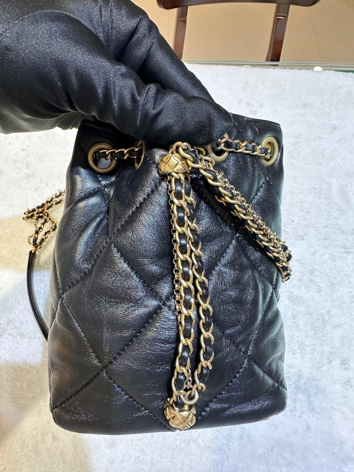 CHANEL Black Gold Leather Drawstring Bucket Bag For Women