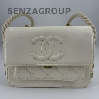 Chanel Quilted Calfskin Chain Shoulder Crossbody Bag Women's White Gold