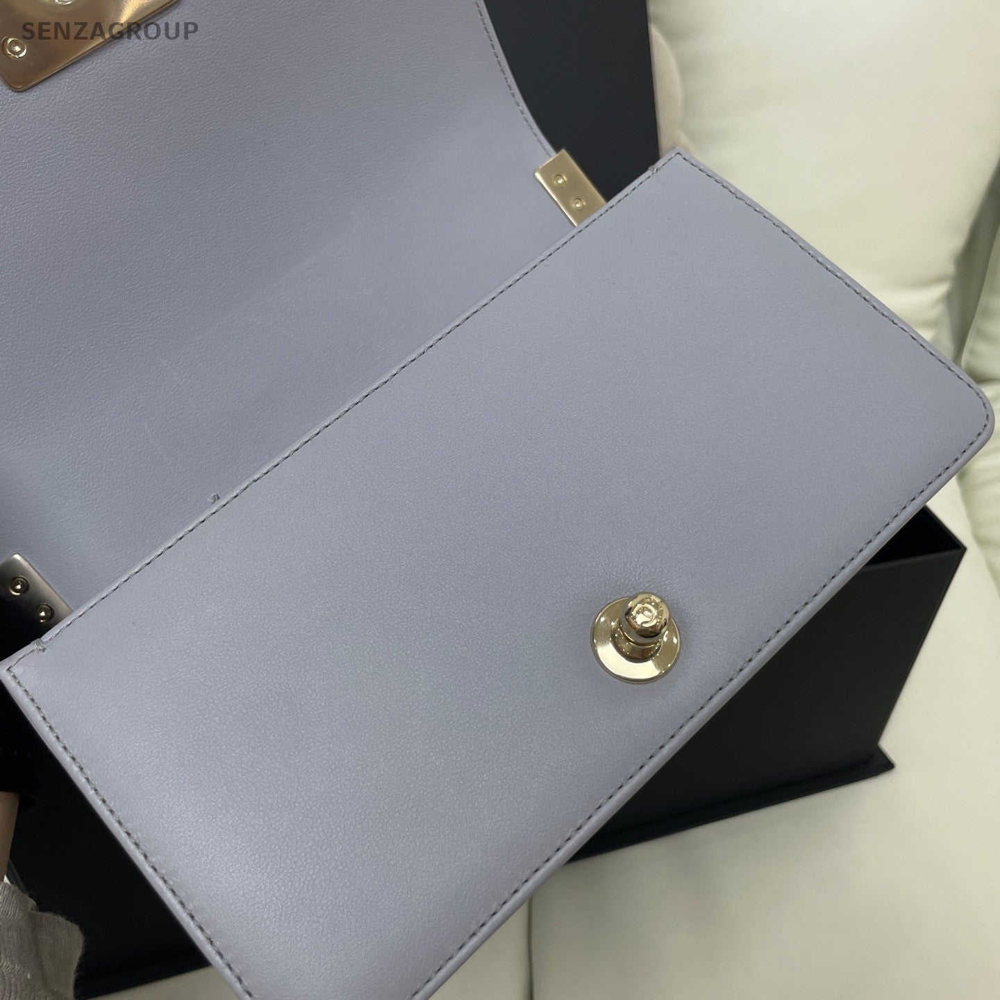 Chanel Leboy PM Chain Calfskin Shoulder Bag Crossbody Gray Gold Women Classic