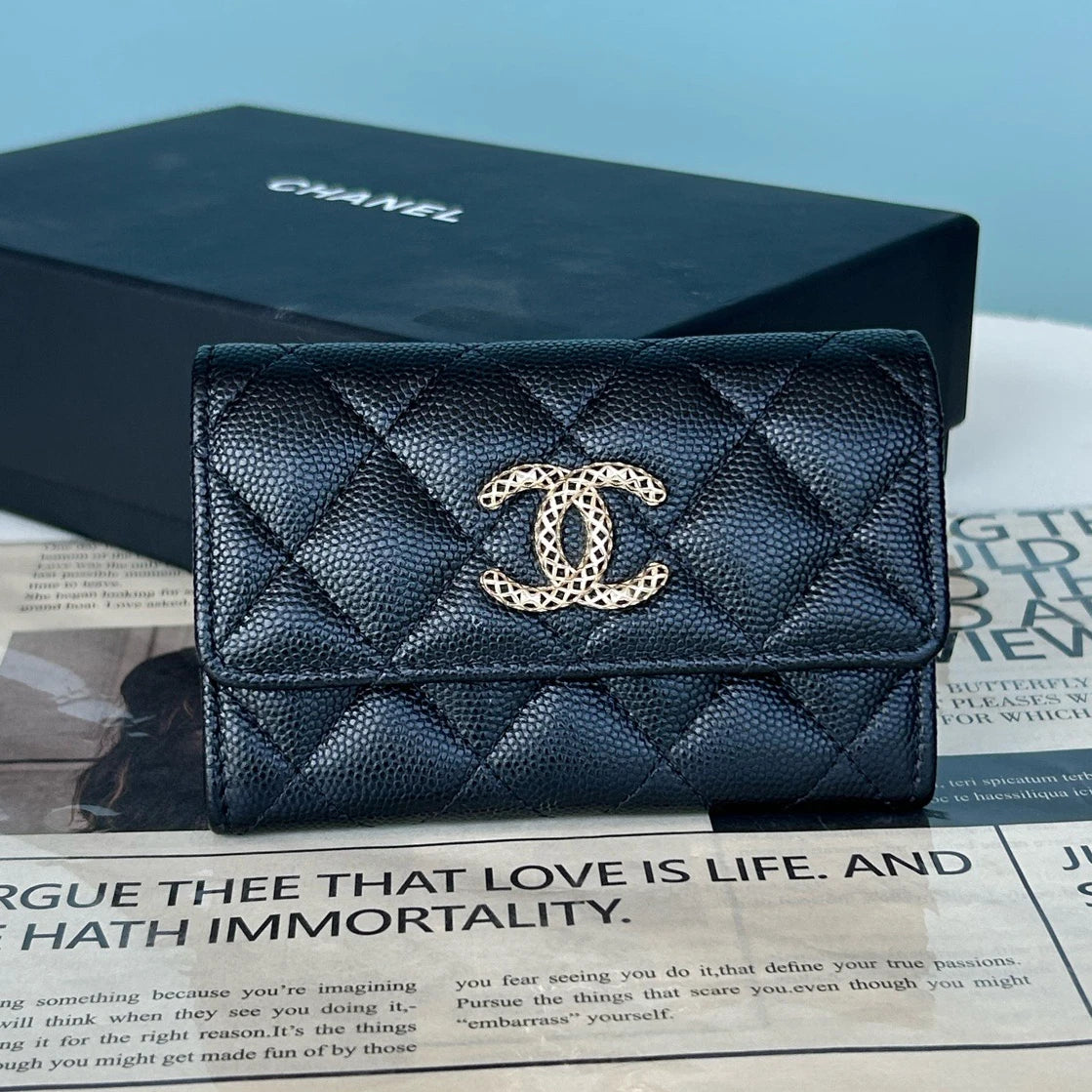 Chanel Calfskin Diamond Wallet Black Silver Women Classic