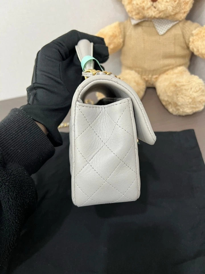 CHANEL Gray CF Handle Mini Leather Top Handle Shoulder Bag For Women