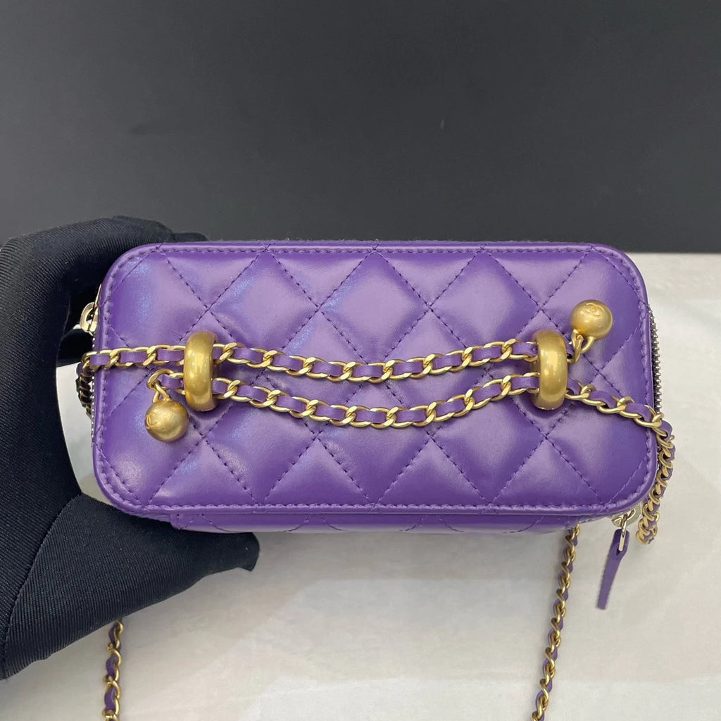 Chip Version Chanel Long Box Diamond Gold Ball Chain Purple Crossbody