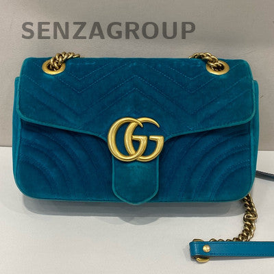 Gucci Marmont 26 Velvet Chain Shoulder Bag Blue Gold Hardware