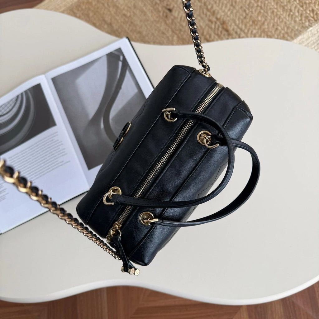 Chanel Bowling Calfskin Top Handle Chain Crossbody Black Gold Classic Women