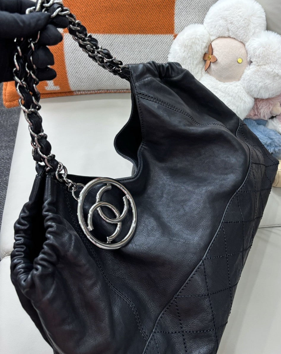 CHANEL Classic Logo Calfskin tote Shoulder bag Black Silver Women