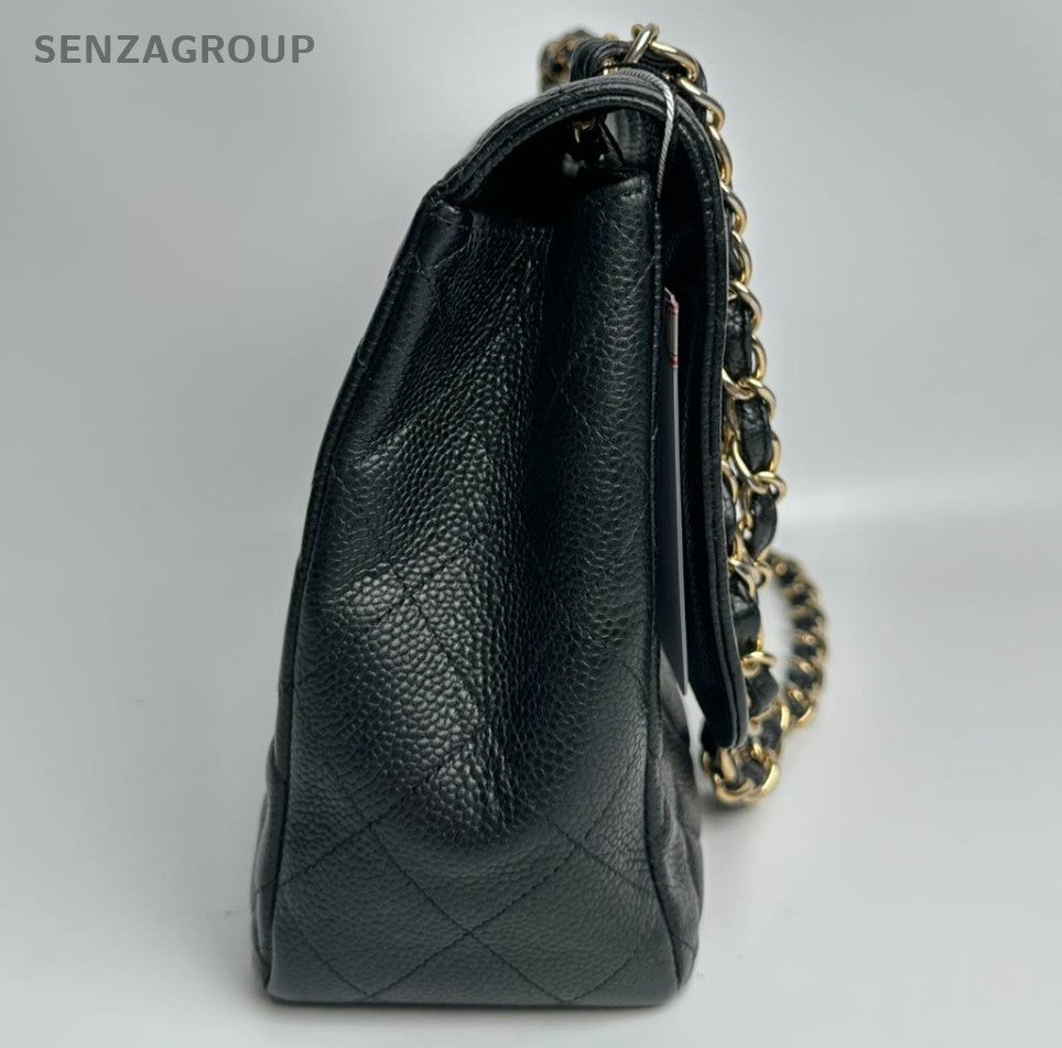 Chanel Classic Flap GM Chain Shoulder Bag Crossbody Black Gold Women Fashion
