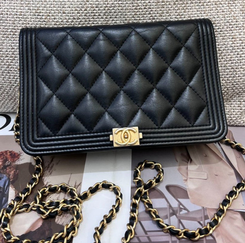 Chanel Leboy WOC Calfskin Chain Shoulder Bag Crossbody Black Gold Women Classic
