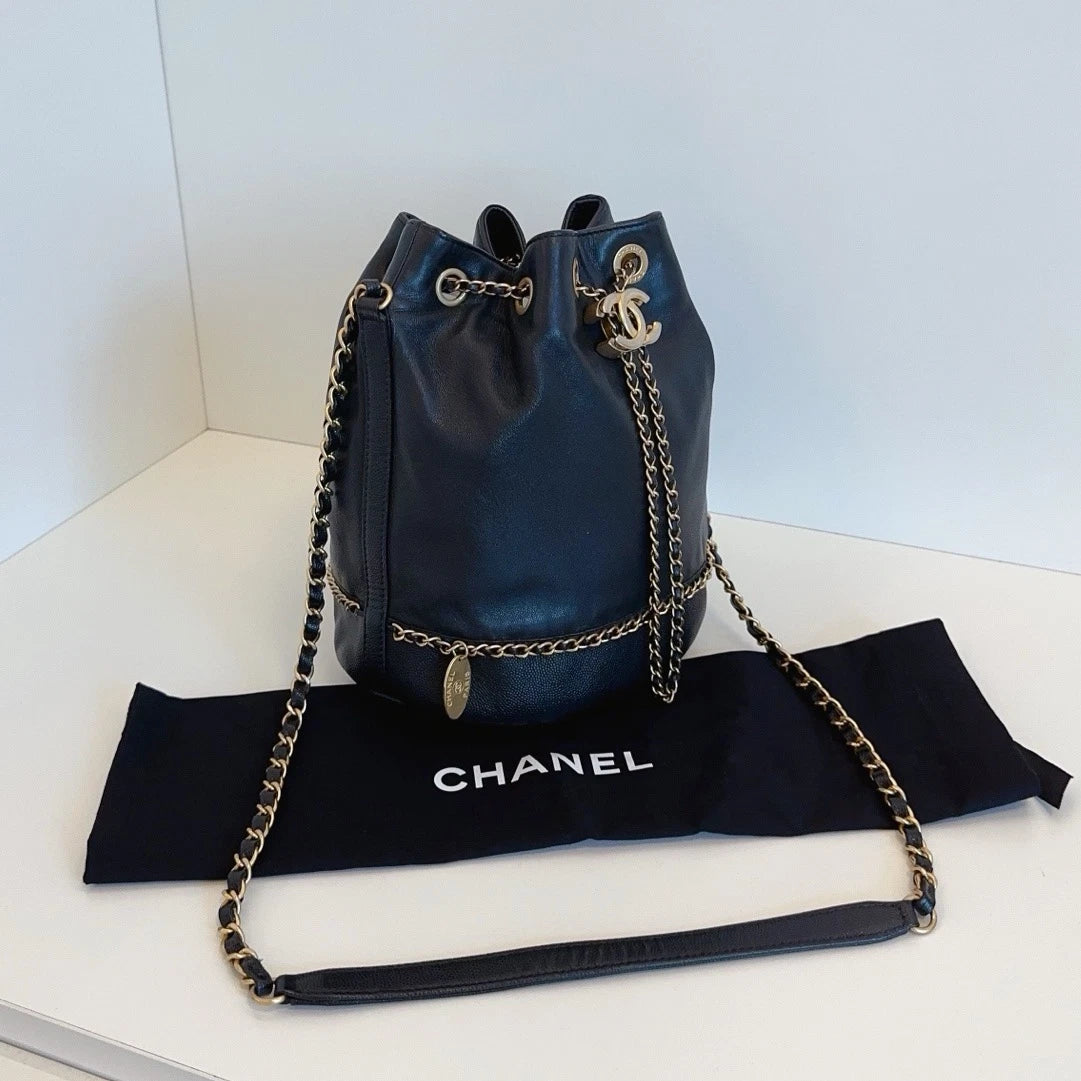 Chanel Greece Line Bucket Soft Calfskin Crossbody Bag Black Gold Women