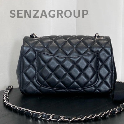 Chanel Classic Flap Black Silver Lambskin Mini Square Bag Quilted
