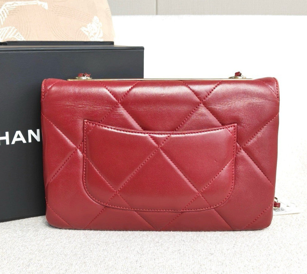 Chanel Trendy CC Lambskin Shoulder Bag Red Gold Diamond Women Classic Fashion