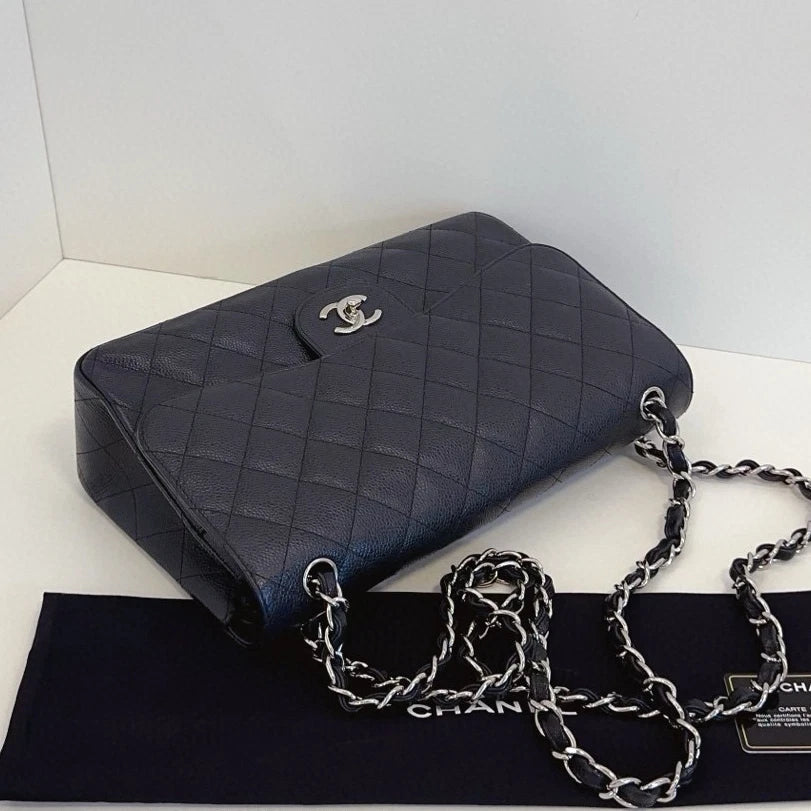 Chanel Classic Flap Jumbo Chain Shoulder Crossbody Diamond Black Silver Women