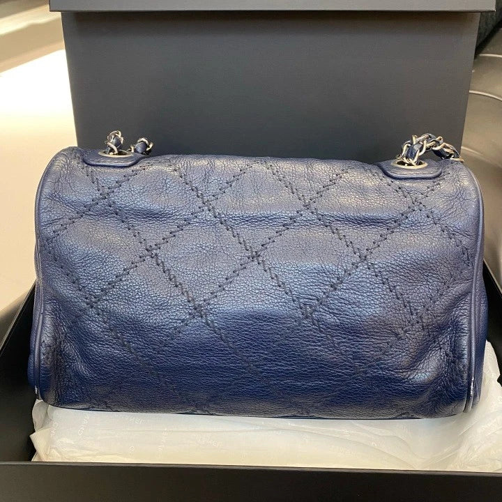 Chanel Classic Flap Hobo Calfskin Chain Shoulder Bag Navy Silver Women Diamond D