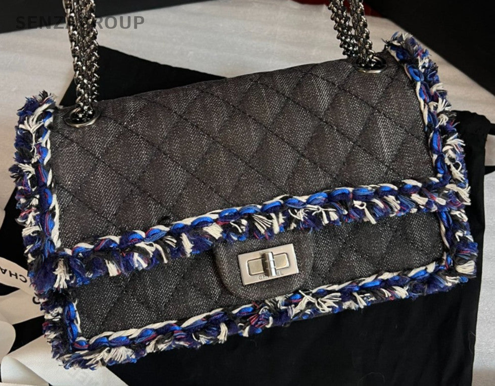 Chanel Denim Chain 2Way Shoulder Bag Crossbody Black Blue Women Classic