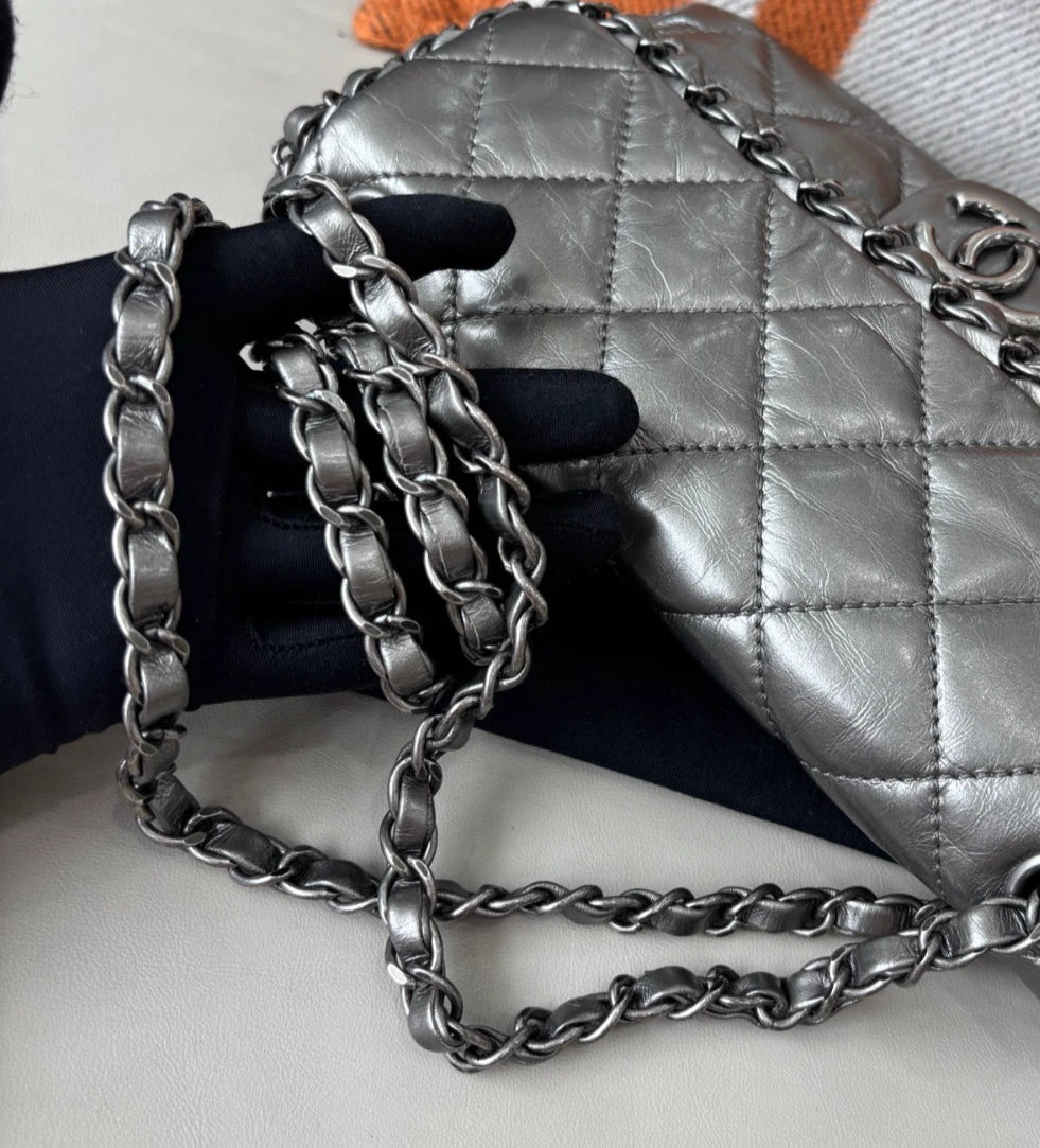 Chanel Classic Flap Calfskin Chain Shoulder Bag Silver Women