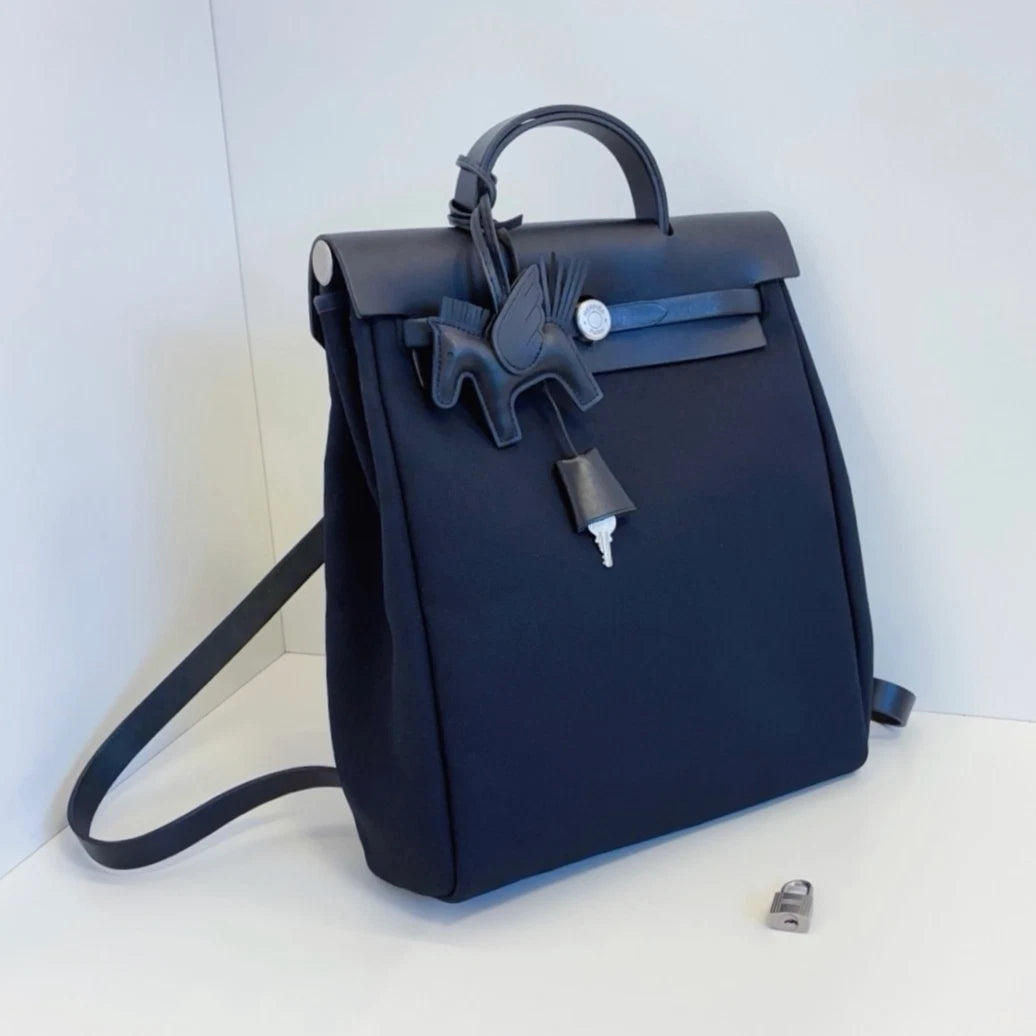Hermes Herbag Backpack Top Handle Bag Black Silver Hardware Unisex Fashion