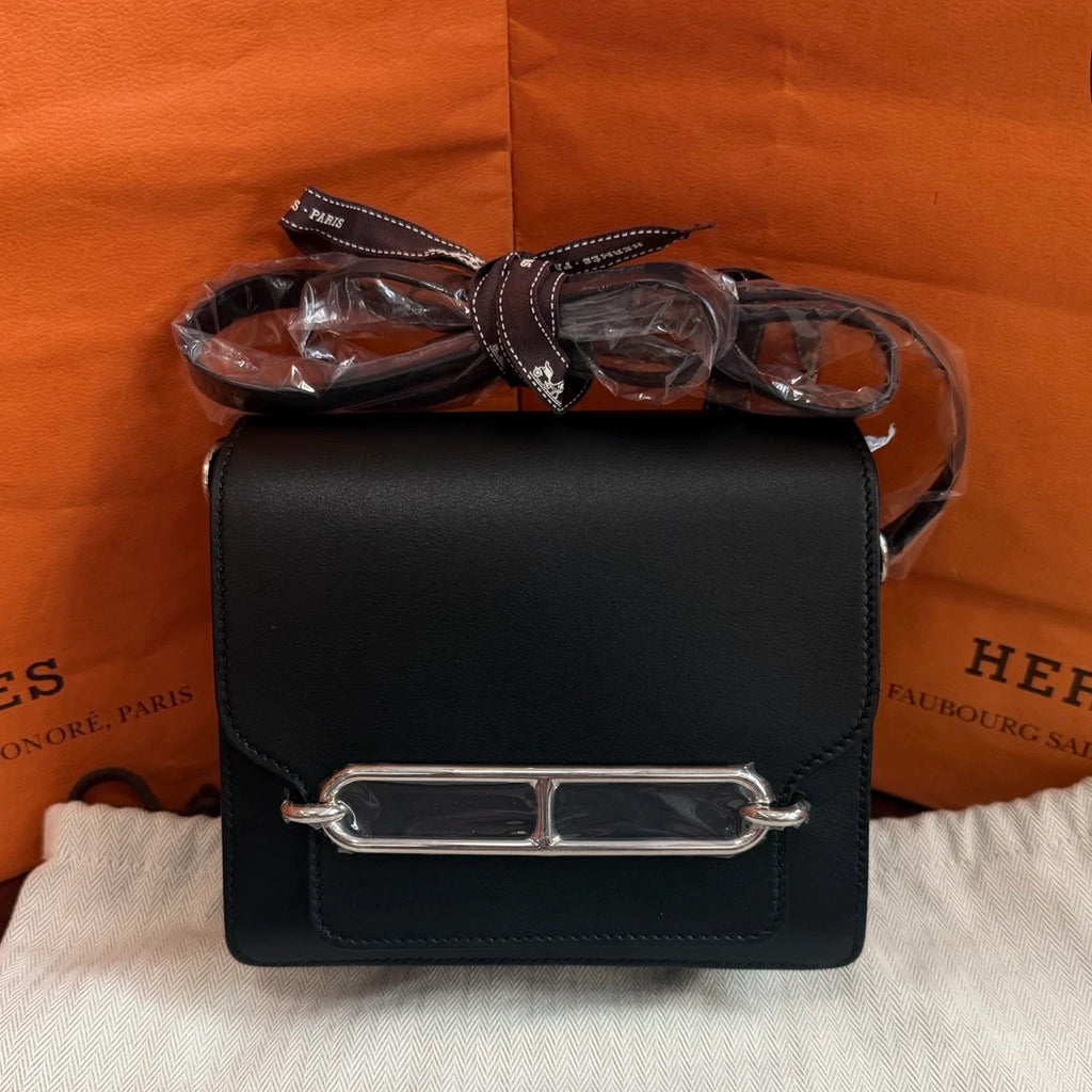 Hermes Roulis Mini Evergrain Leather Shoulder Crossbody Black Silver Women