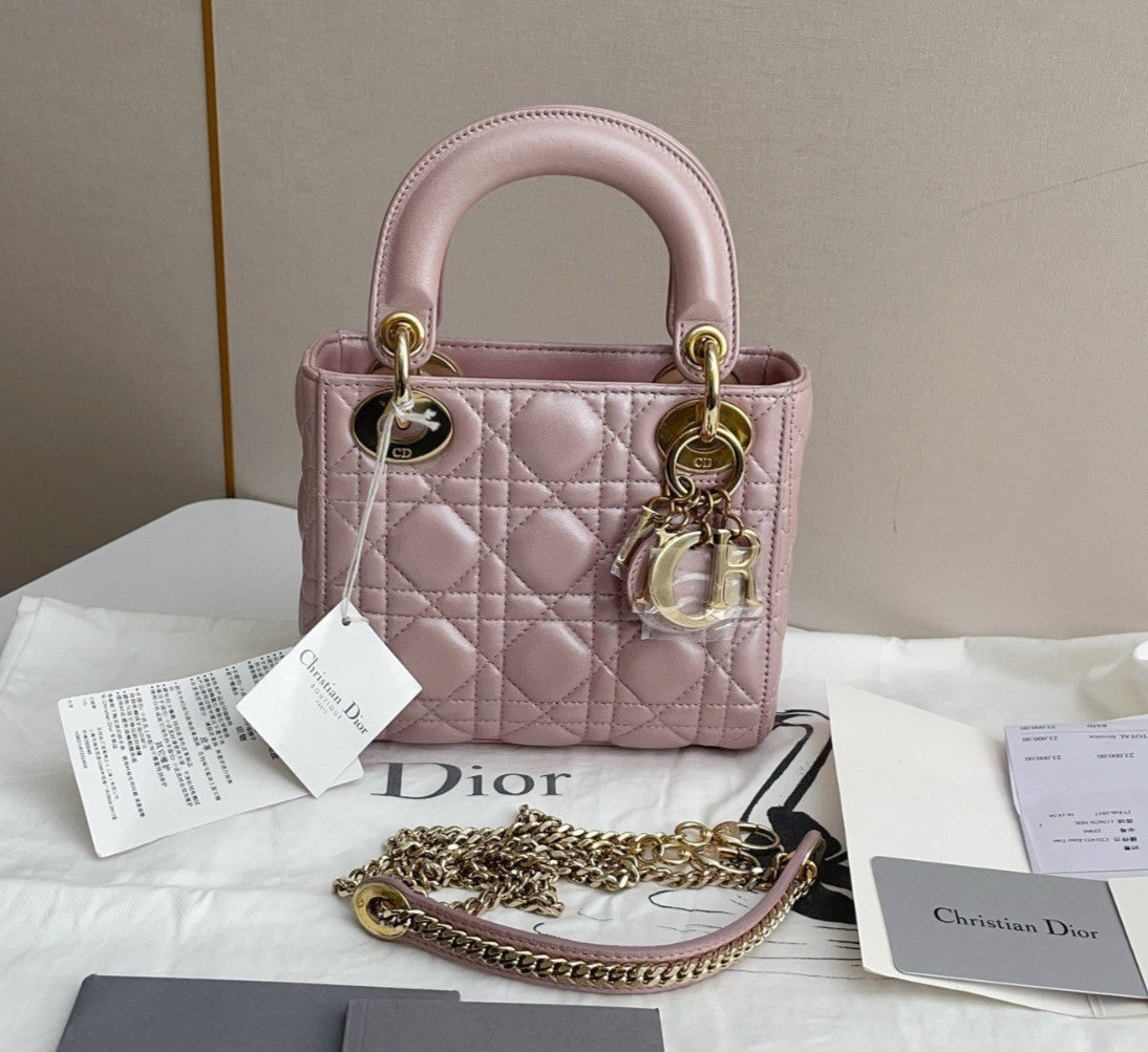 Christian Dior Lady Dior Chain Crossbody Top Handle Bag Pink Gold Women Classic