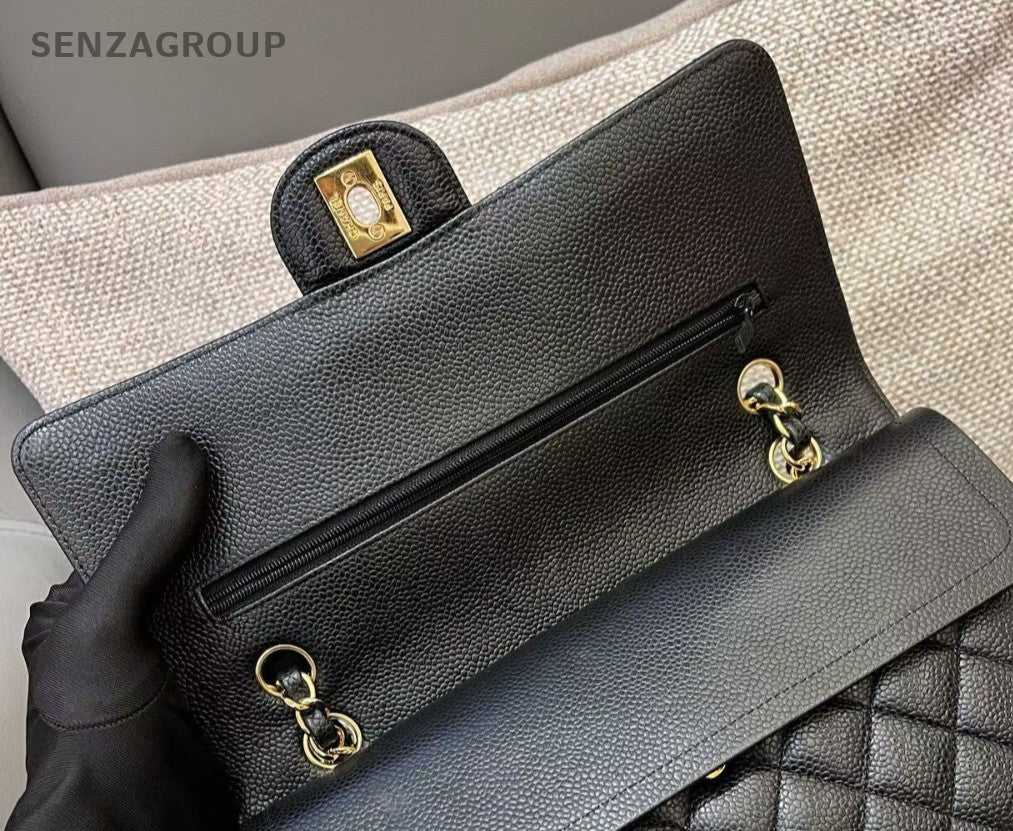 Chanel Classic Flap MM Calfskin Chain Shoulder Bag Crossbody Black Gold Women