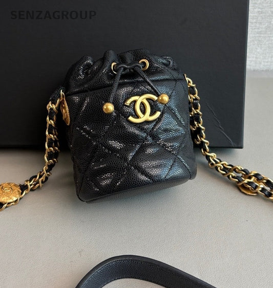 CHANEL 22A Bucket mini Drawstring Chain Shoulder bag Crossbody Women Blakc Gold