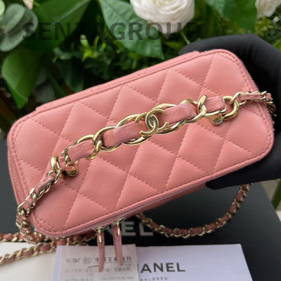 Chanel Pink Gold Quilted Square Box Chain Crossbody Bag