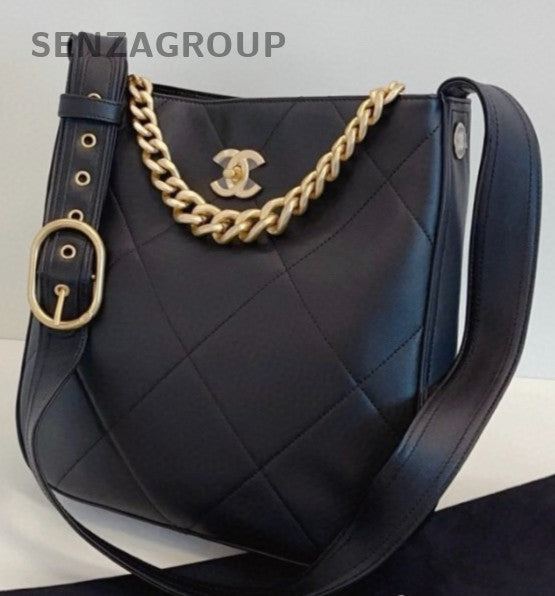 Chanel 21K PM Hobo Chain Shoulder Bag Crossbody Black Gold Women Classic Fashion
