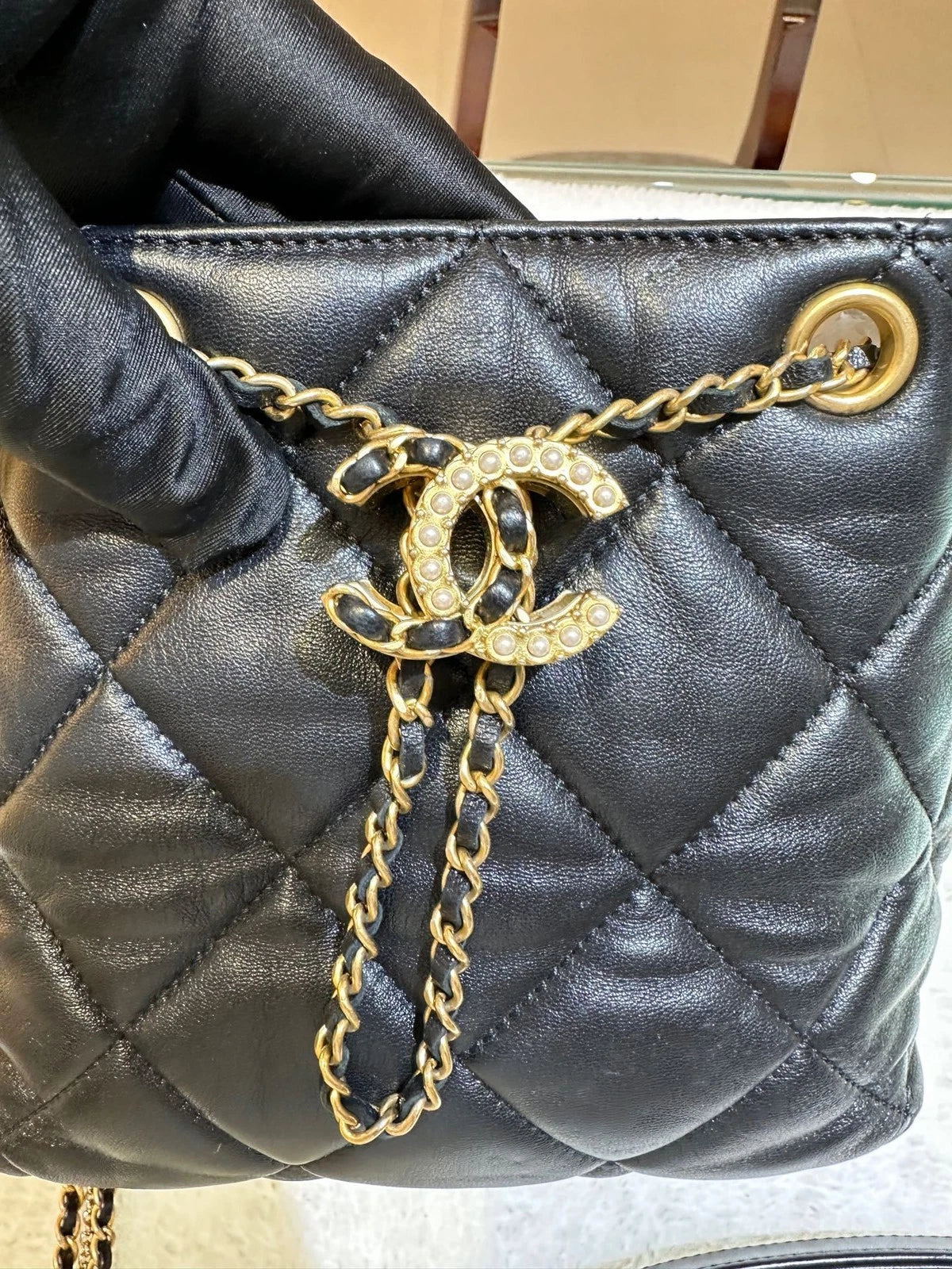 CHANEL Black Gold Leather Drawstring Bucket Bag For Women