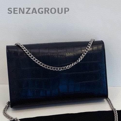YSL Saint Laurent Kate MM Alligator pattern Chain Shoulder bag Black Silver