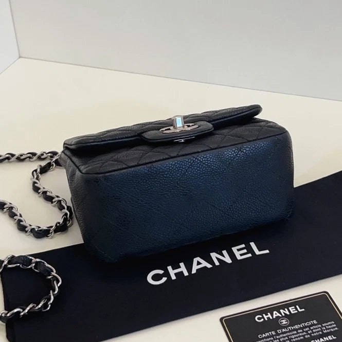 Chanel Classic Flap Chain Shoulder Crossbody Black Silver Women Diamond