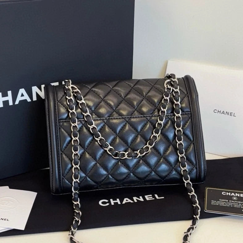 Chanel Classic Flap PM Chain Shoulder Crossbody Black Silver Diamond Women