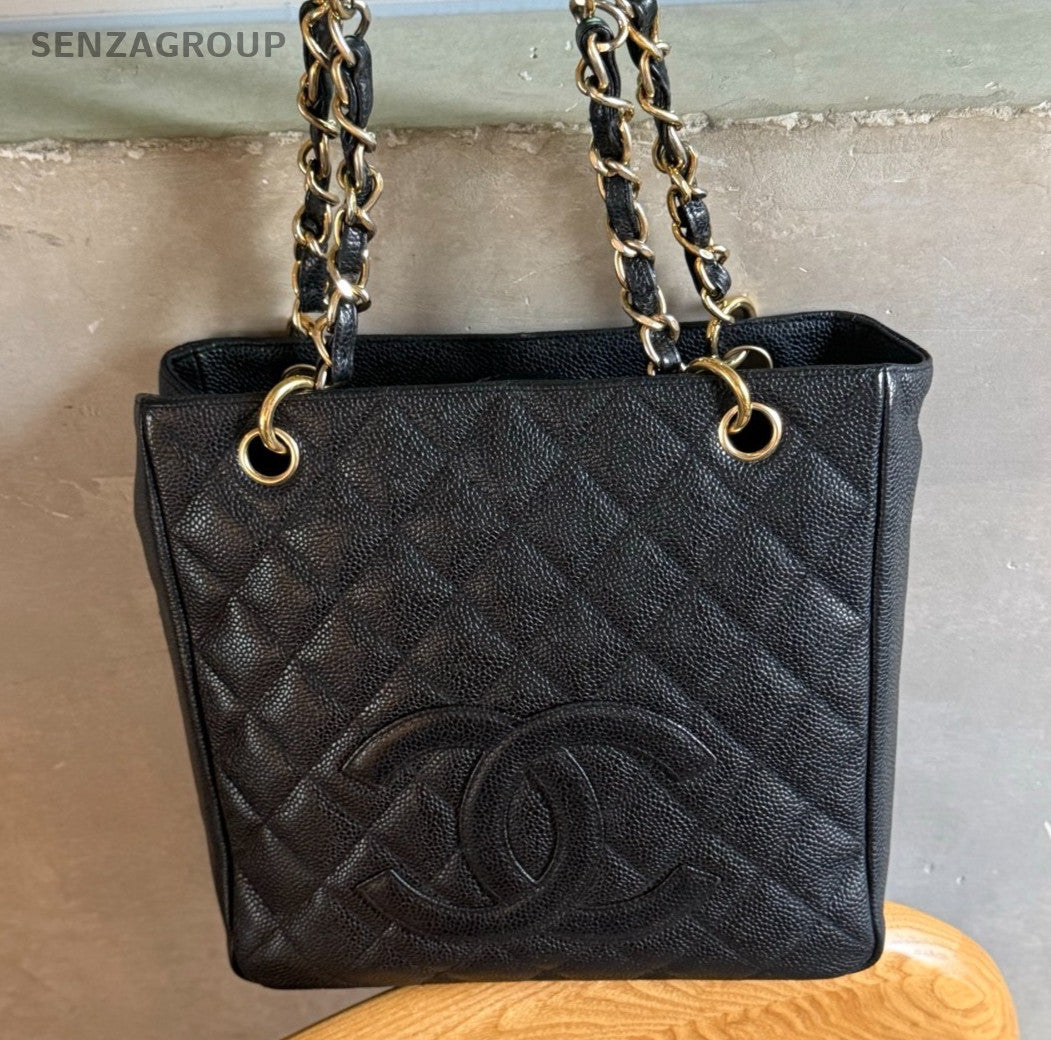 Chanel PST Chain Calfskin Shoulder Bag Black Gold Diamond Used Women Classic