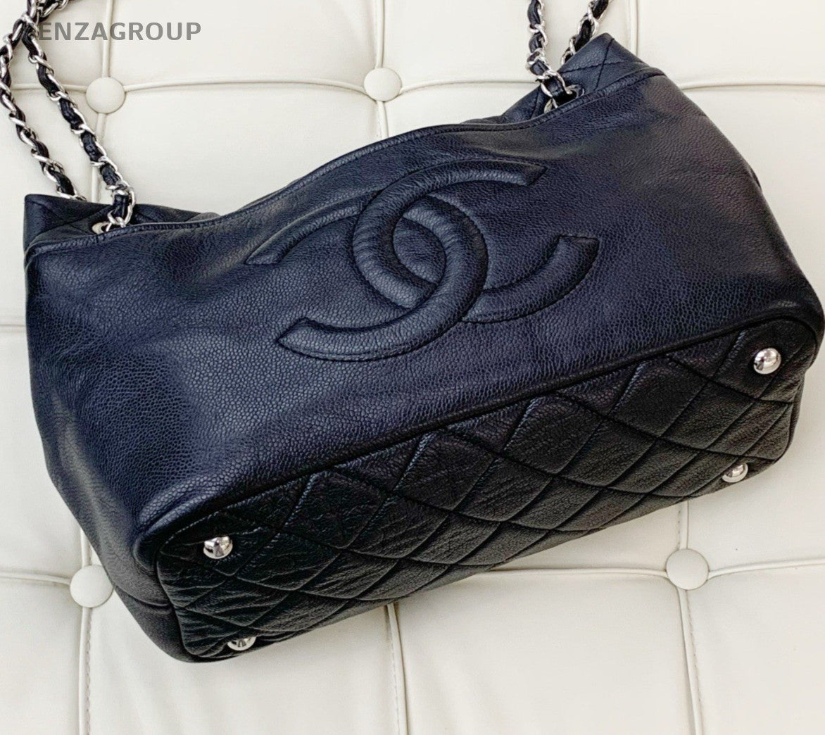 Chanel Calfskin Chain Tote Shoulder Bag Black Silver Women Classic CC Logo