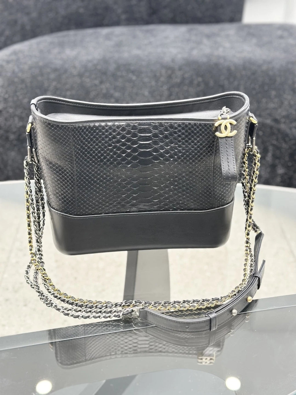 Chanel Snakeskin MM Chain Shoulder Crossbody Bag Black Gold Women S