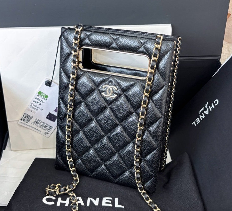 Chanel Lambskin Tote Chain Shoulder Bag Black Gold Diamond Women Classic