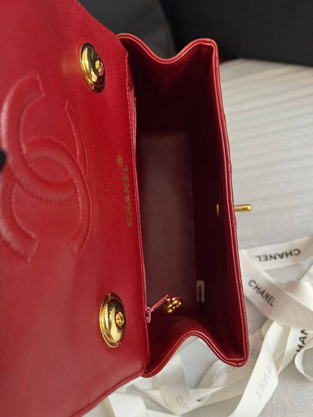 Chanel Kelly Vintage Top Handle Bag Diamond Red Gold Used Women Classic