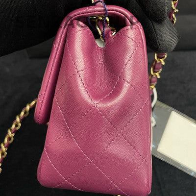 Chanel Red Lambskin Mini Square Flap Bag Gold Hardware Chain Strap