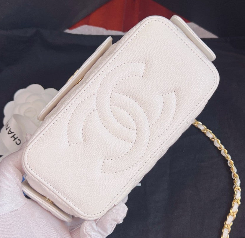 Chanel Cargo Calfskin Vanity Case Top Handle Chain Crossbody White Gold Women