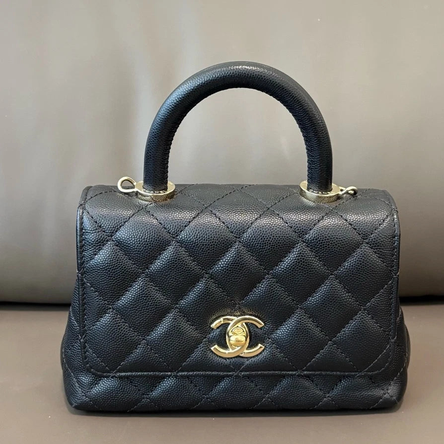 Chanel Coco Handle Mini Calfskin Black Top Handle Bag Gold Chain Crossbody