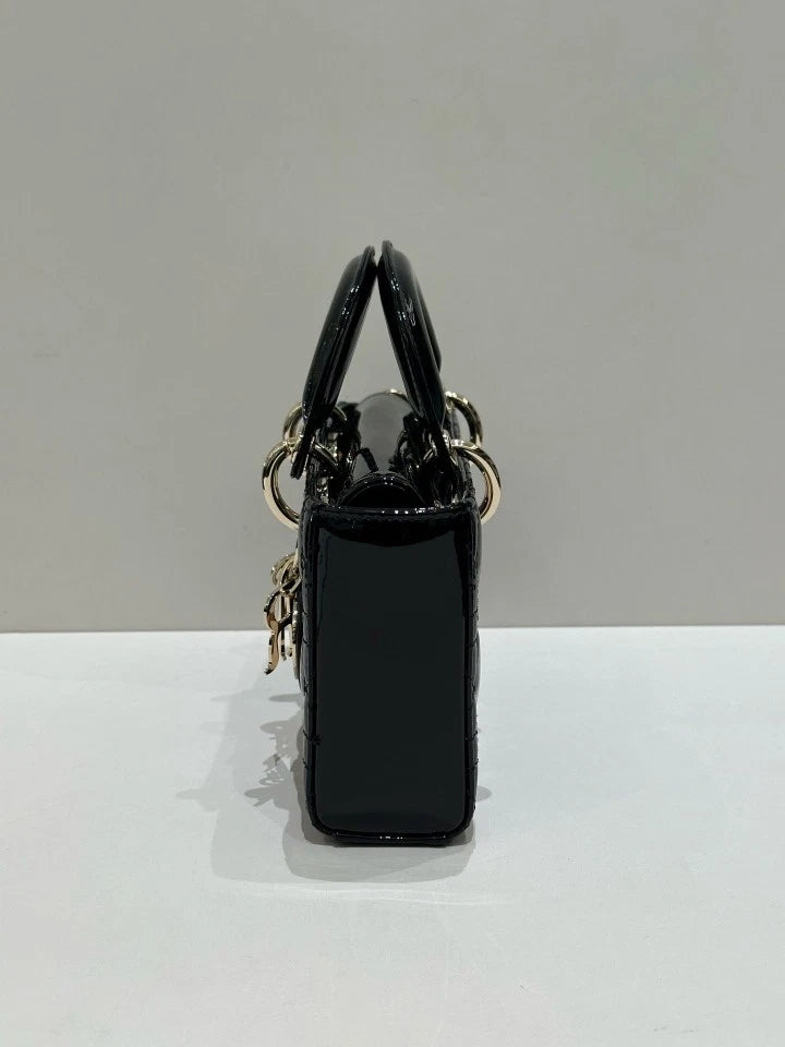 Dior D-Joy Small Black Gold Patent Leather Top Handle Bag For Women