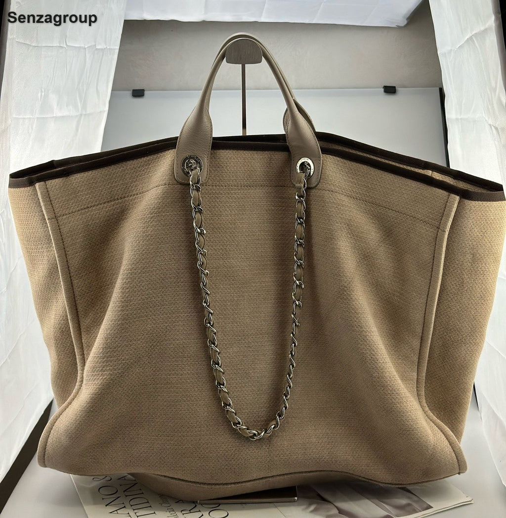 Chanel Beach Bag Tote GM Chain Top Handle Shoulder Bag Brown Gold Women Classic