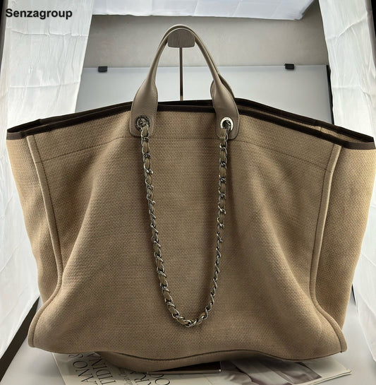 Chanel Beach Bag Tote GM Chain Top Handle Shoulder Bag Brown Gold Women Classic