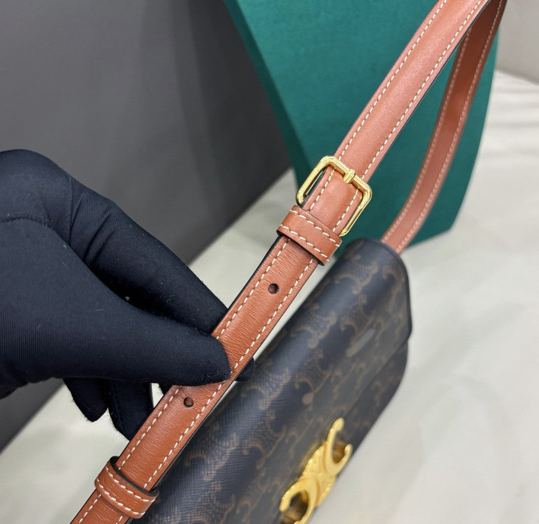 Celine Triomphe Canvas Shoulder Bag Black Brown Gold Women Classic Fashion
