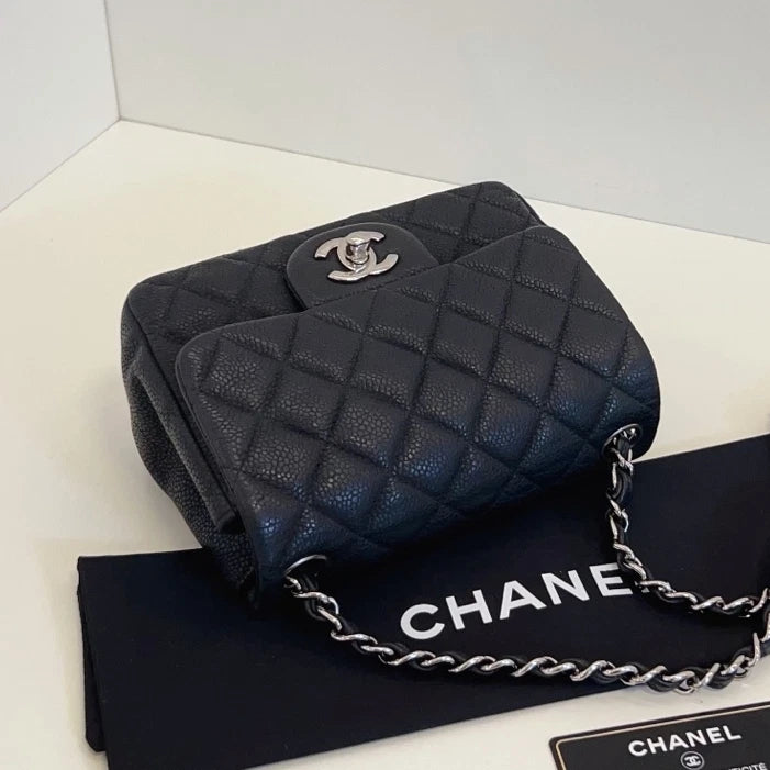 Chanel Classic Flap Chain Shoulder Crossbody Black Silver Women Diamond