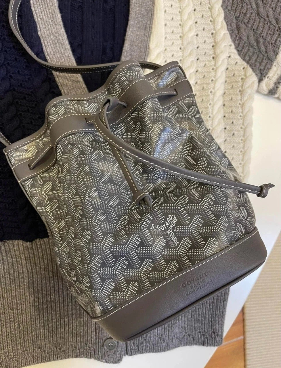 Authentic Goyard Gray Monogram Drawstring Bucket Bag For Women