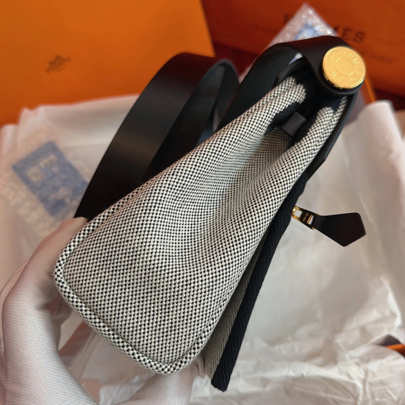 Hermes Herbag Mini Top Handle Shoulder Crossbody White Black Gold Women Classic